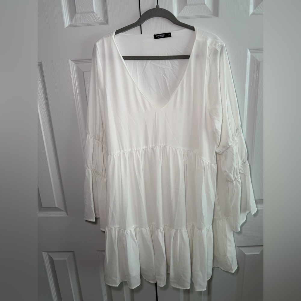SHEIN White V-Neck Tiered Midi Dress